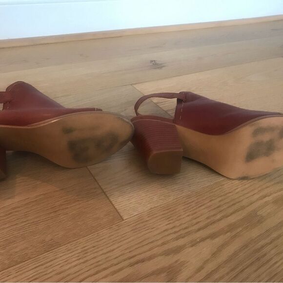 Frye Chestnut Brown Sling Back peep toe Chunky Leather Heels - Picture 7 of 9